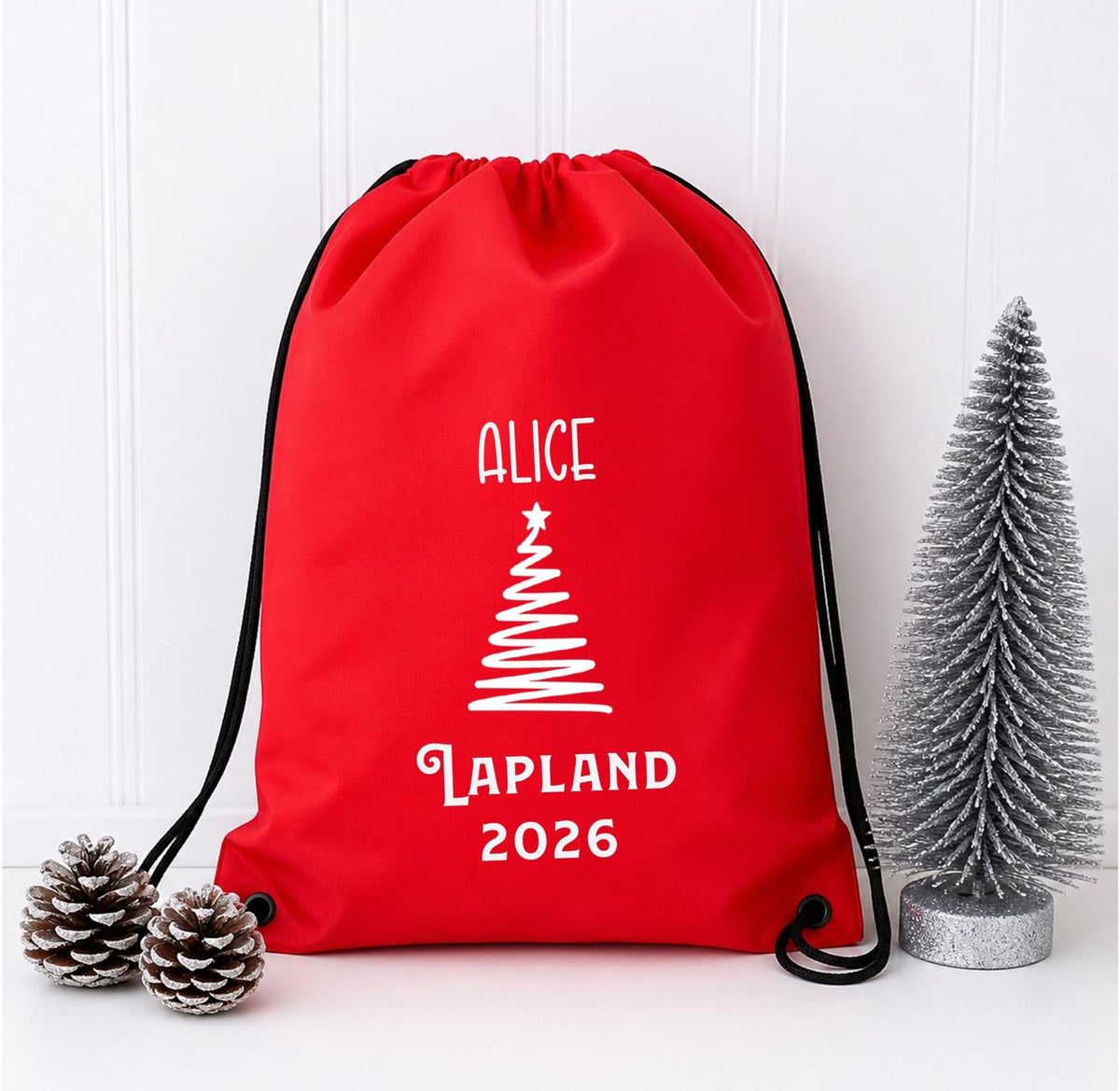 Personalised Lapland 2026 Drawstring Bag: Christmas Tree or Snowflake