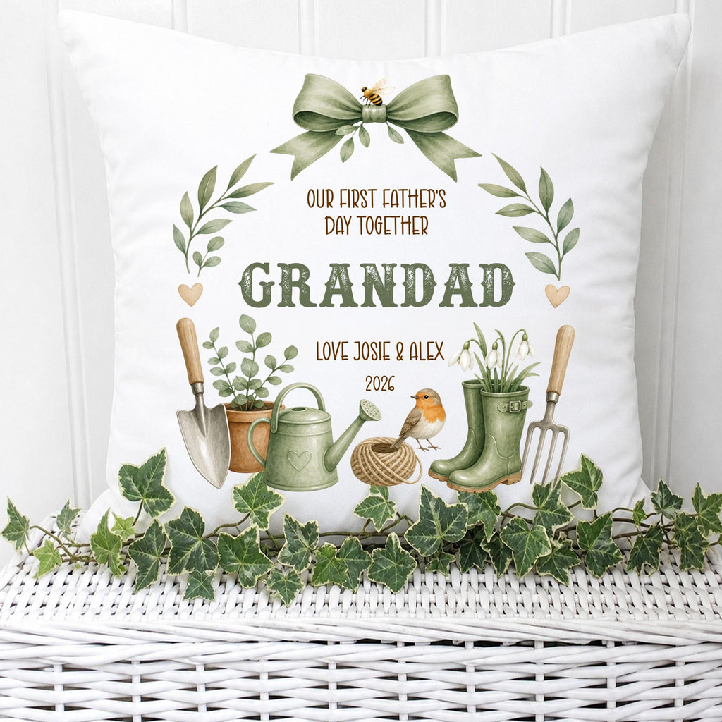 Personalised Our First Father's Day Gardening Wreath cushion