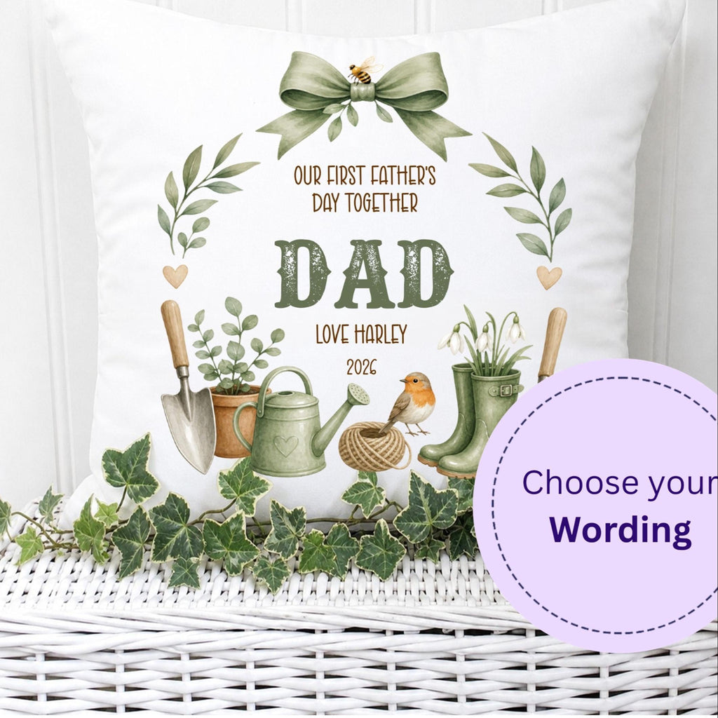 Decorative pillow with gardening-themed design and text for Father's Day on a white background.