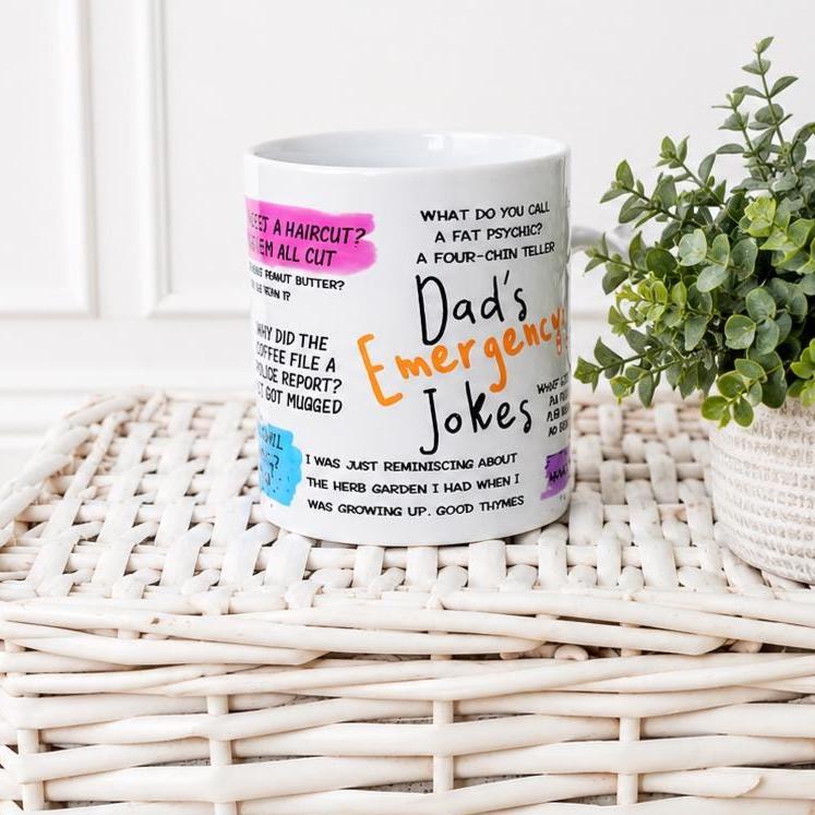 Personalised mug, Emergency Dad Jokes mug, funny mug, humorous mug, Dad jokes, Father's Day gift, Dad gift, gift for a man