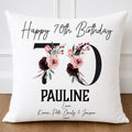Personalised 70th Birthday Floral Cushion: Black and pink flower design, 70th cushion for her
