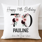 Personalised 70th Birthday Floral Cushion: Black and pink flower design, 70th cushion for her