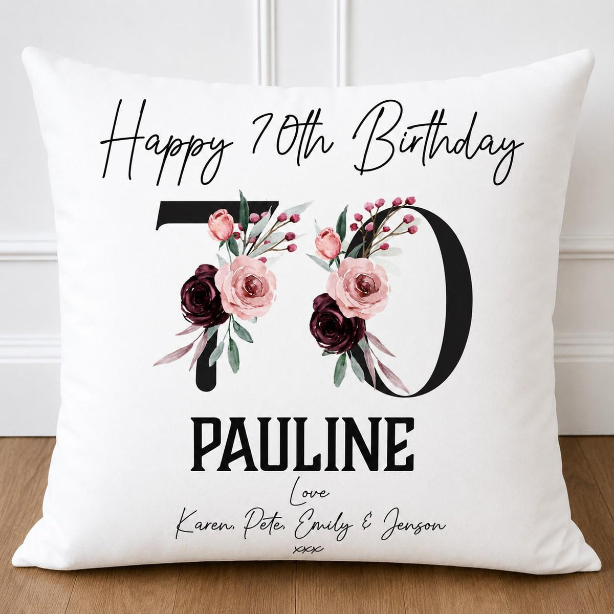 Personalised 70th Birthday Floral Cushion: Black and pink flower design, 70th cushion for her