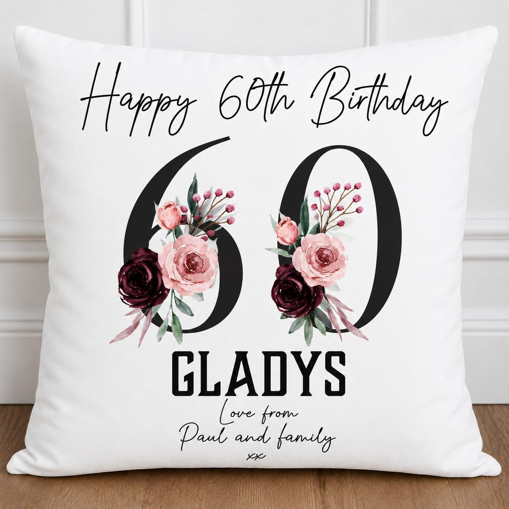 Personalised 60th Birthday Floral Cushion: Black and pink flower design, 60th cushion for her