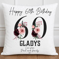 Personalised 60th Birthday Floral Cushion: Black and pink flower design, 60th cushion for her