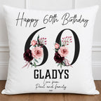 Personalised 60th Birthday Floral Cushion: Black and pink flower design, 60th cushion for her
