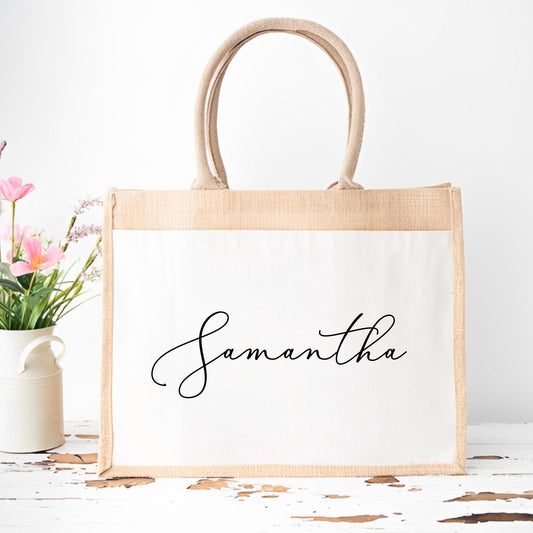 Personalised name Jute shopper bag, personalised Jute tote bag, Pocket Jute Shopper Bag, shopping bag