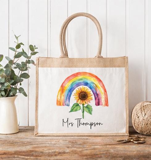 Personalised sunflower rainbow tote bag,  Jute bag, personalised Jute tote bag, Pocket Jute Shopper Bag, gift for teacher, gift for Nan