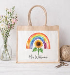 Personalised sunflower rainbow tote bag,  Jute bag, personalised Jute tote bag, Pocket Jute Shopper Bag, gift for teacher, gift for Nan
