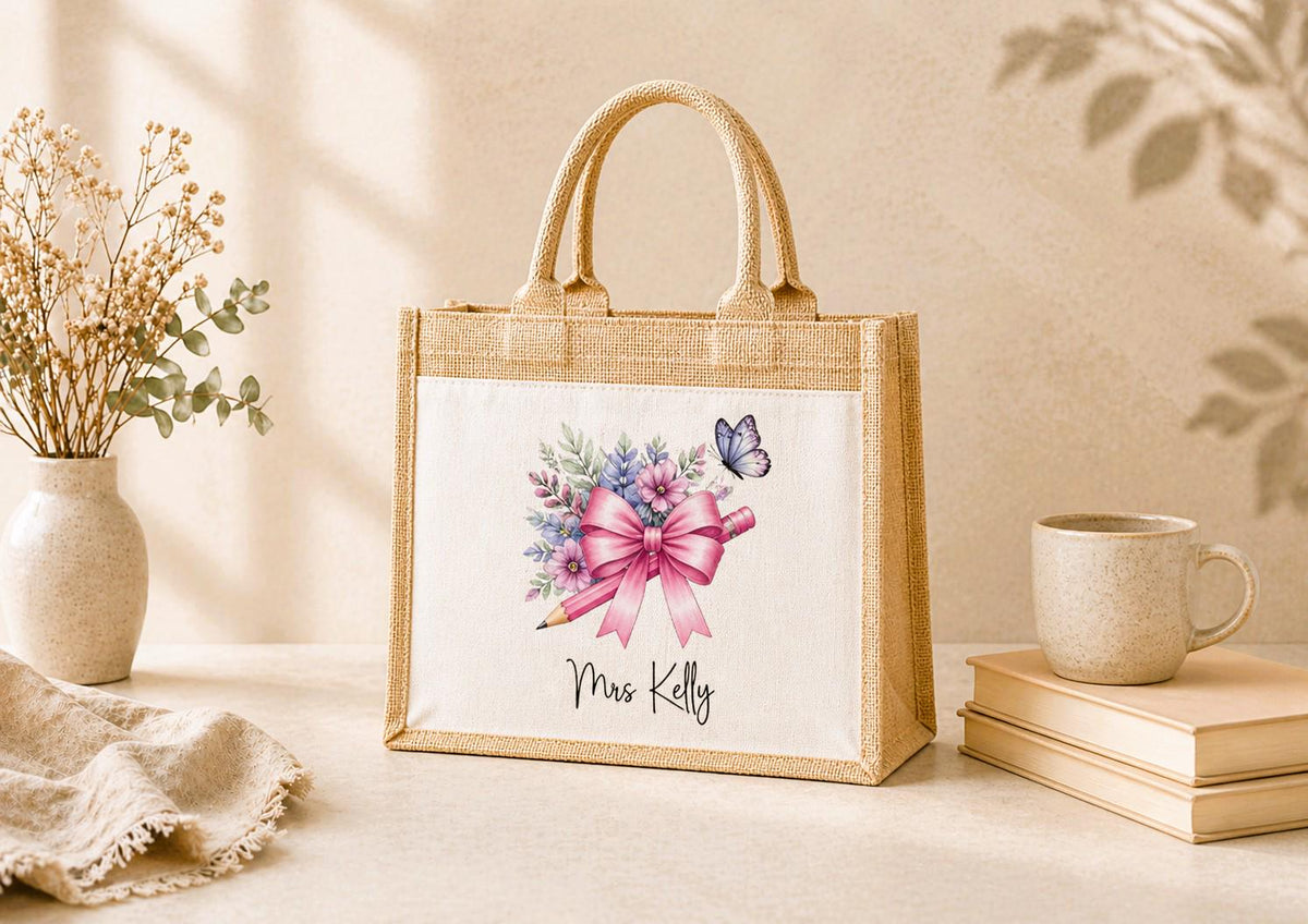 Personalised coquette pencil tote bag,  lunch bag for teacher, personalised Jute tote bag, Pocket Jute Shopper Bag, gift for teacher