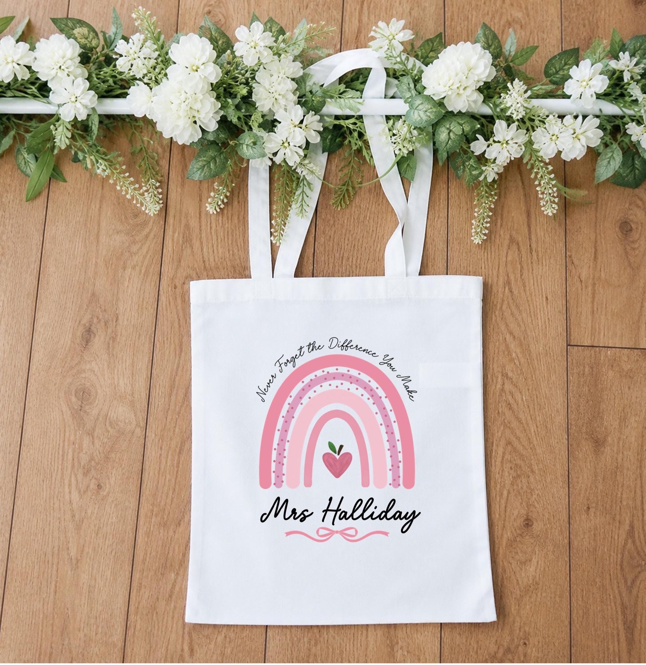 Personalised teacher rainbow tote bag, teacher shopping bag, gift for teacher, end of term gift