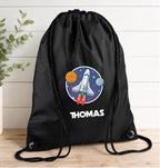 Personalised space theme PE bag, school bag, space rocket drawstring bag, space themed PE bag