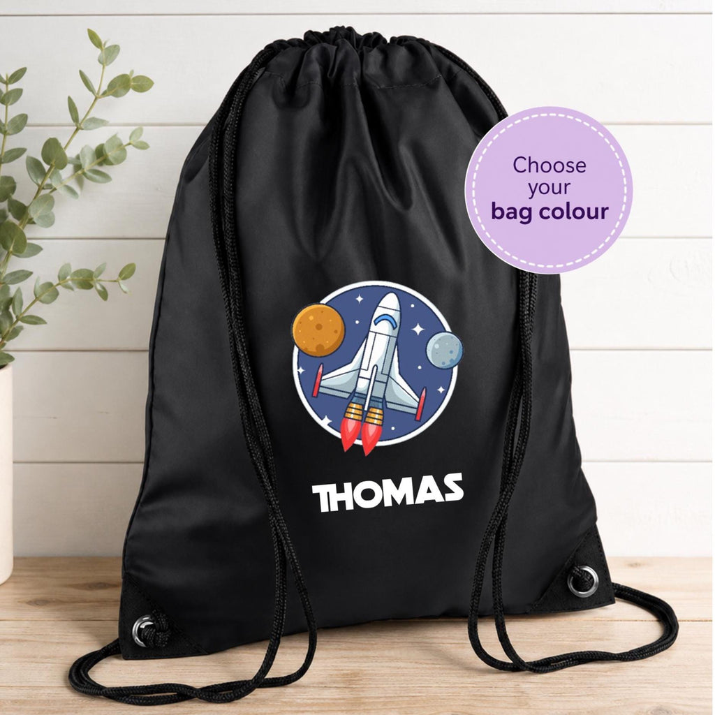 Personalised space theme PE bag, school bag, space rocket drawstring bag, space themed PE bag