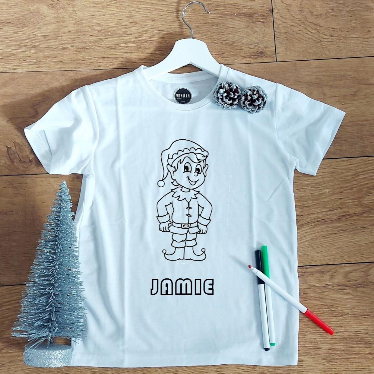 Personalised colour your own Christmas t-shirt, colourable elf t-shirt, colouring top, colour your own t-shirt, Christmas activities