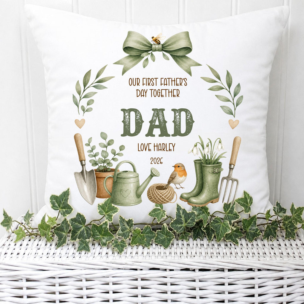 Personalised Our First Father's Day Gardening Wreath cushion