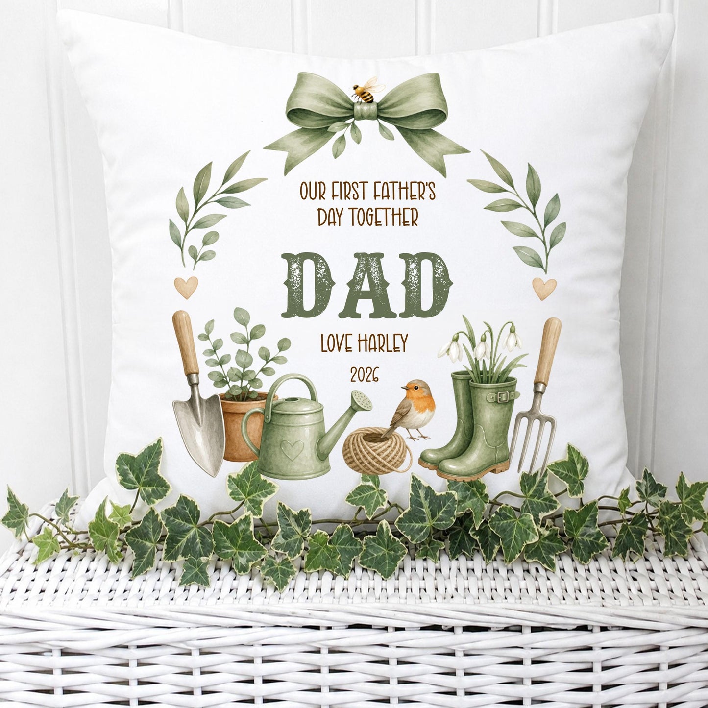 Personalised Our First Father's Day Gardening Wreath cushion for Dad, Father's Day cushion for Dad, First Fathers Day