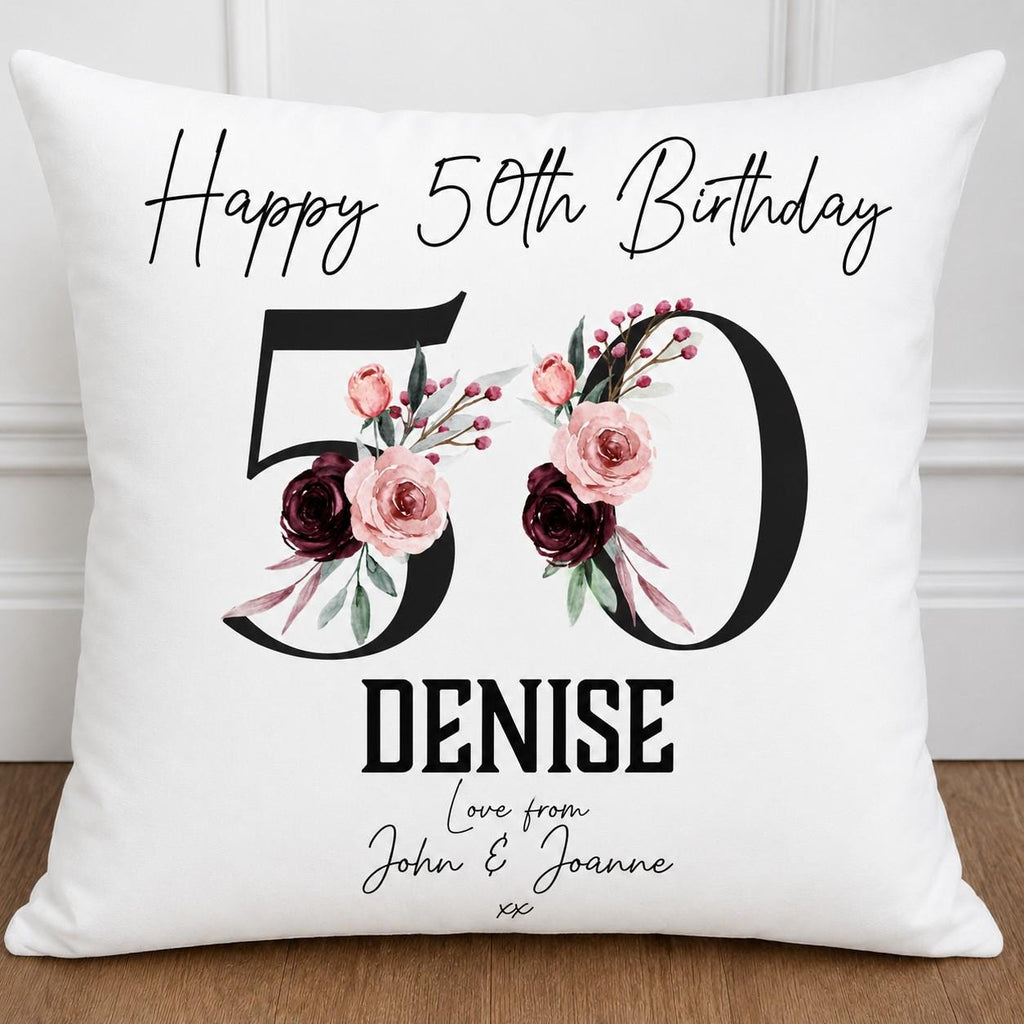 Personalised 50th Birthday Floral Cushion: Black and pink flower design, 50th cushion for her