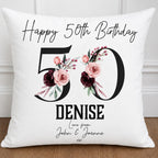 Personalised 50th Birthday Floral Cushion: Black and pink flower design, 50th cushion for her