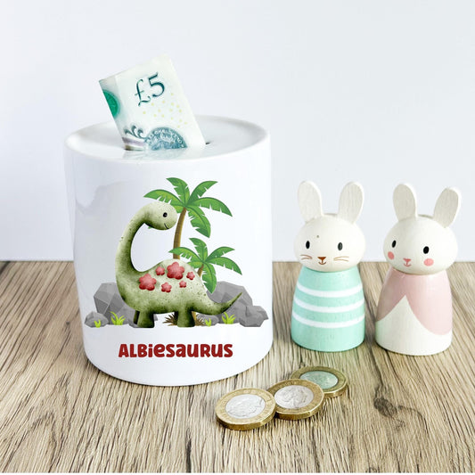 Personalised Dinosaur kids Money Box: Diplodocus Coin Bank, dinosaur theme savings Jar