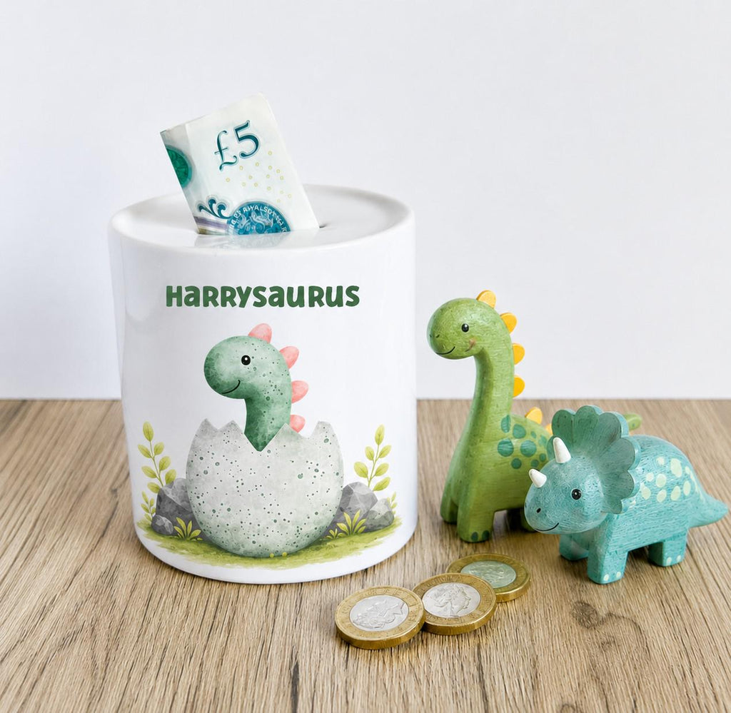 Personalised Dinosaur kids Money Box: dinosaur Coin Bank, dinosaur theme savings Jar