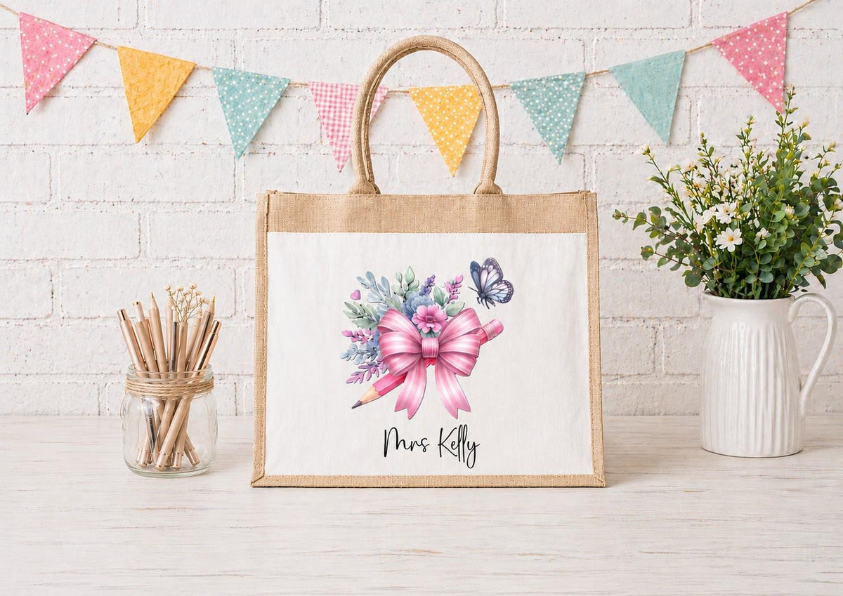 Personalised coquette pencil tote bag,  lunch bag for teacher, personalised Jute tote bag, Pocket Jute Shopper Bag, gift for teacher
