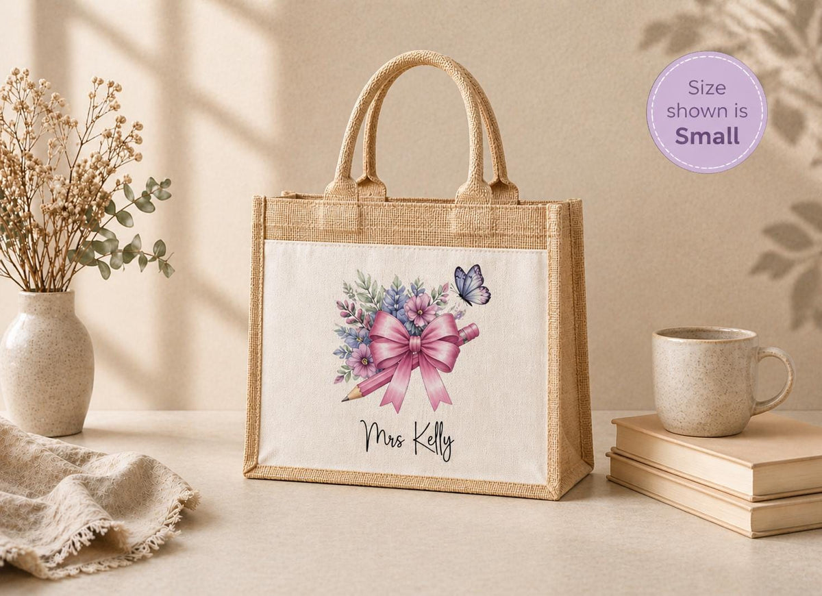 Personalised coquette pencil tote bag,  lunch bag for teacher, personalised Jute tote bag, Pocket Jute Shopper Bag, gift for teacher