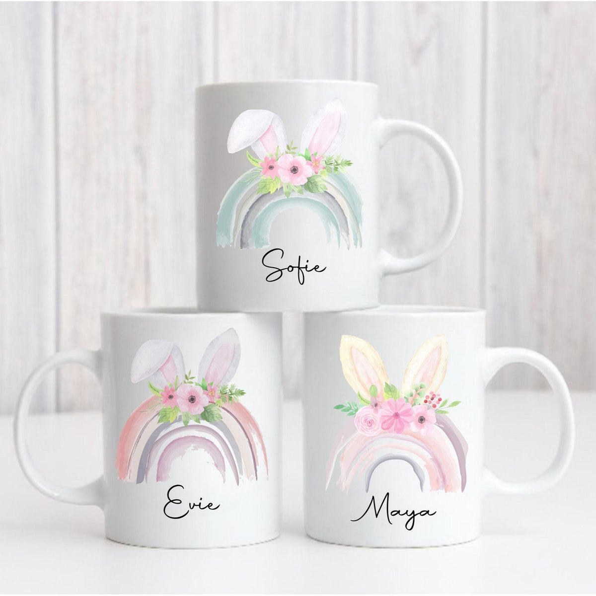 Personalised Pastel Rainbow Bunny Ears Easter Mug