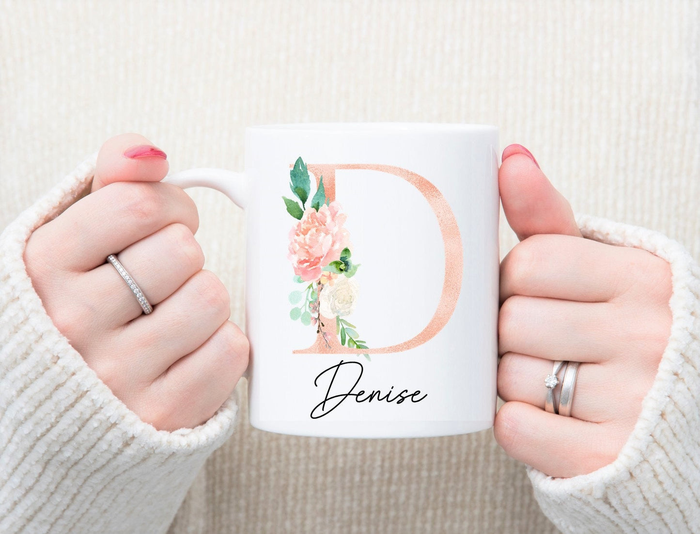 Personalised floral initial mug, watercolour alphabet mug, floral letter mug