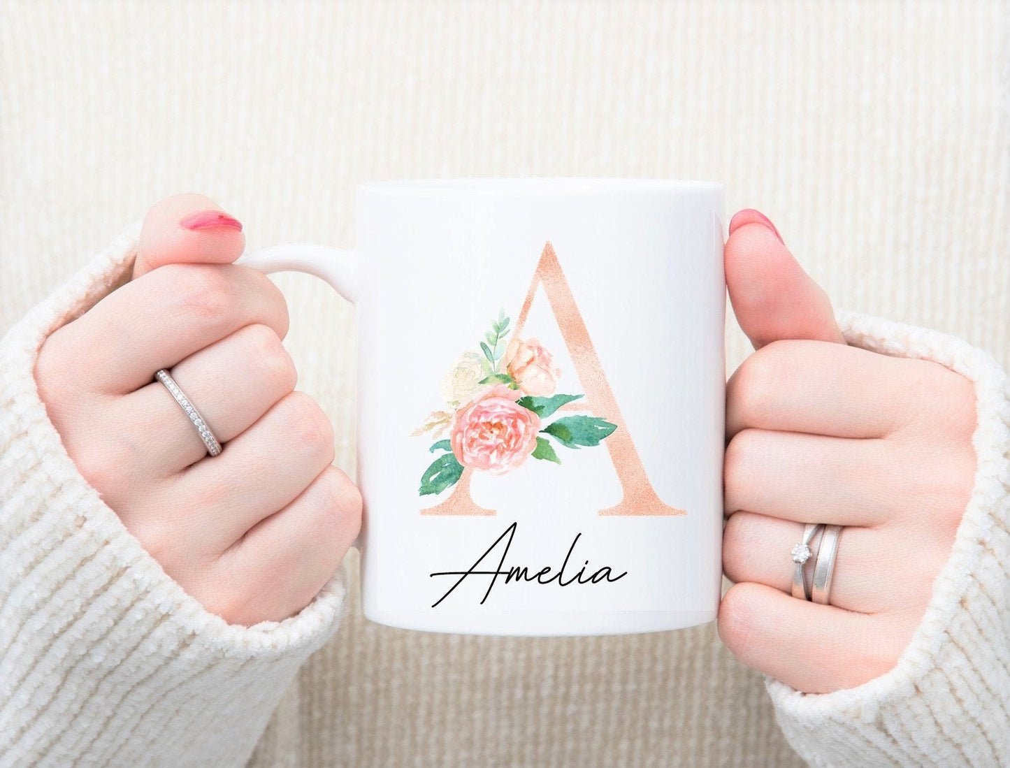 Personalised floral initial mug, watercolour alphabet mug, floral letter mug