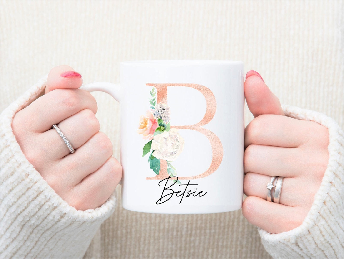 Personalised floral initial mug, watercolour alphabet mug, floral letter mug