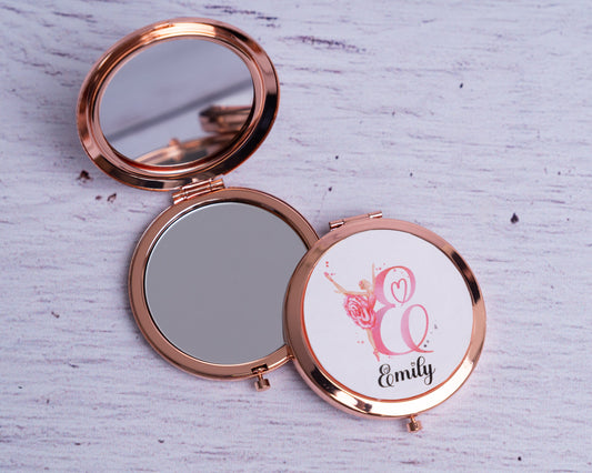 Personalised rose ballerina compact mirror, rose gold mirror, dance gift, ballet gift