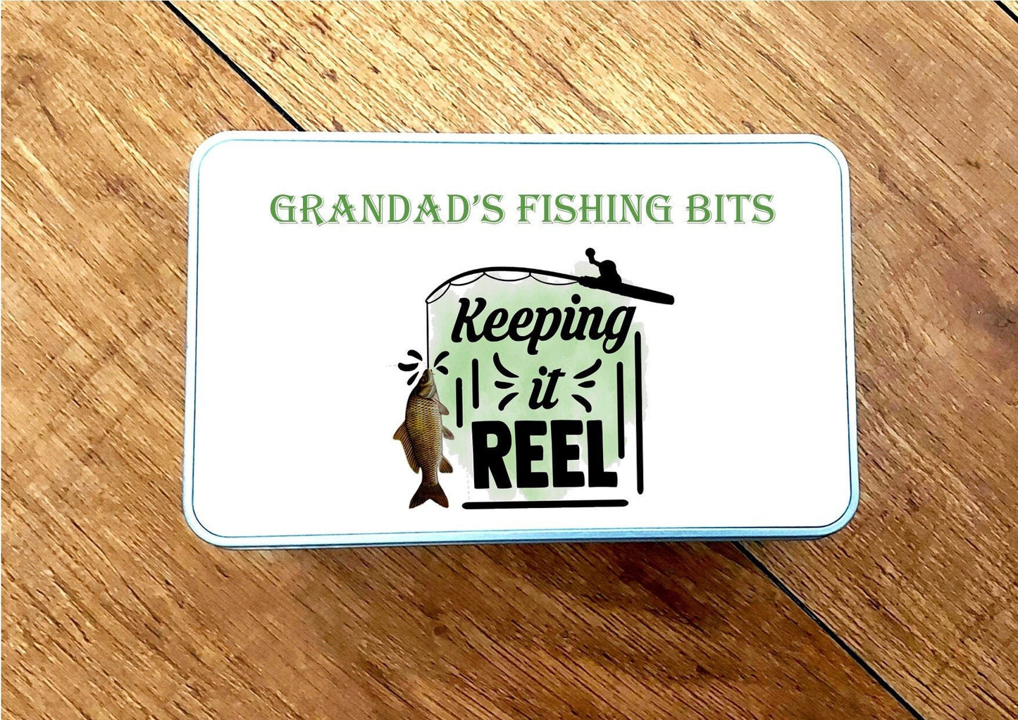 Personalised fishing bits tin, fishing storage tin, tackle tin, keeping it reel, fishing tin