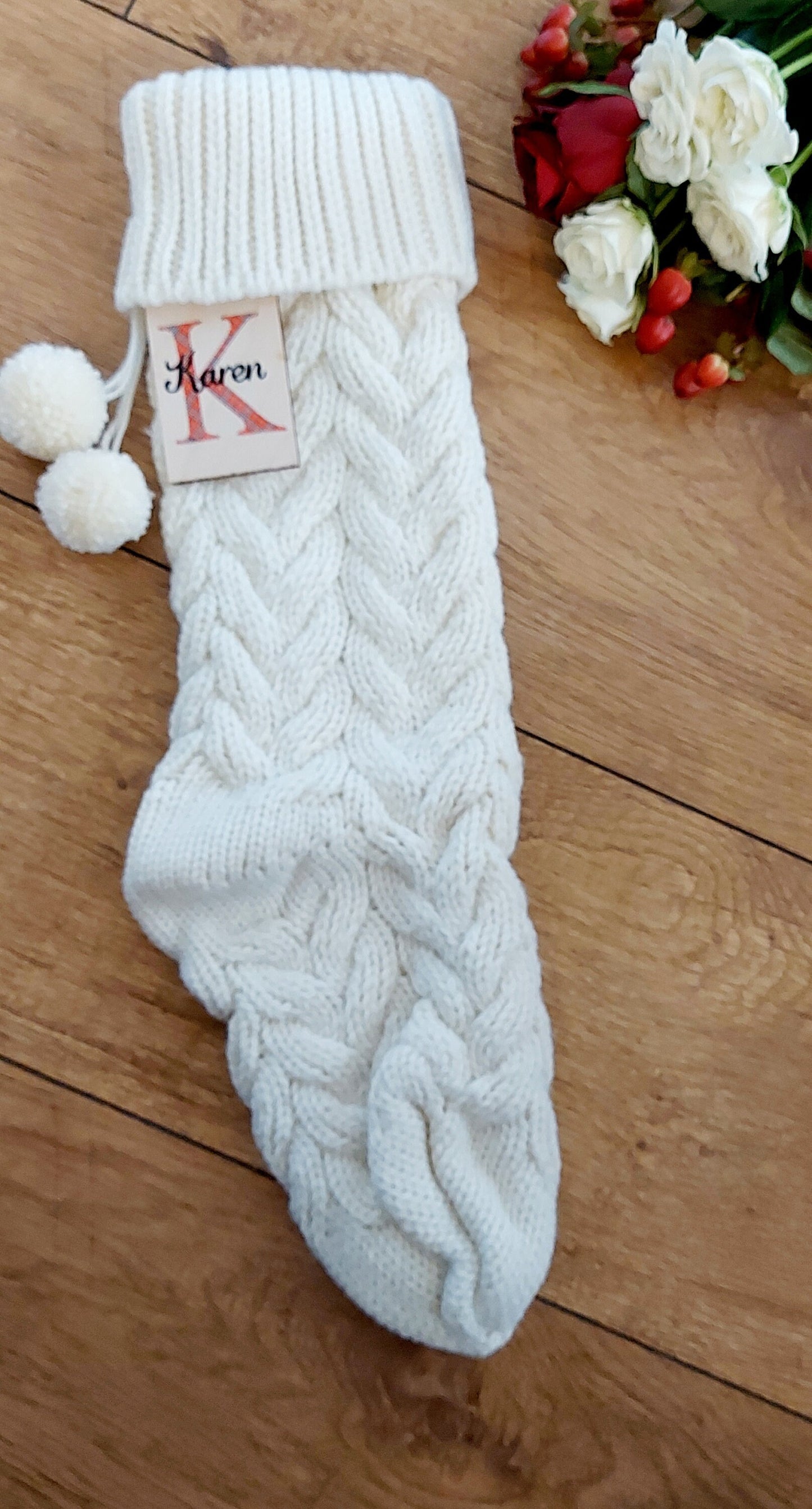 Personalised knitted Christmas stocking, cream knitted stocking, cream Christmas stocking with choice of bow colour