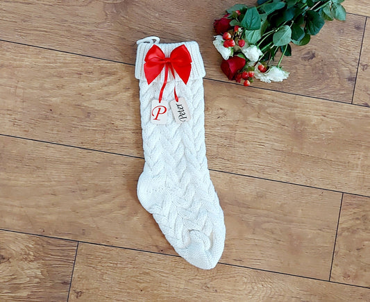 Personalised Christmas stocking, red Christmas stocking, knitted Christmas stocking with choice of bow colour