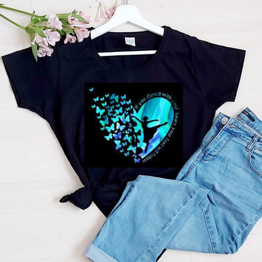 Black/multi ballet t-shirt, Dance t-shirt, Girls/Ladies Dance with your heart and your feet will follow t-shirt, Dance tshirt, Dance gift,