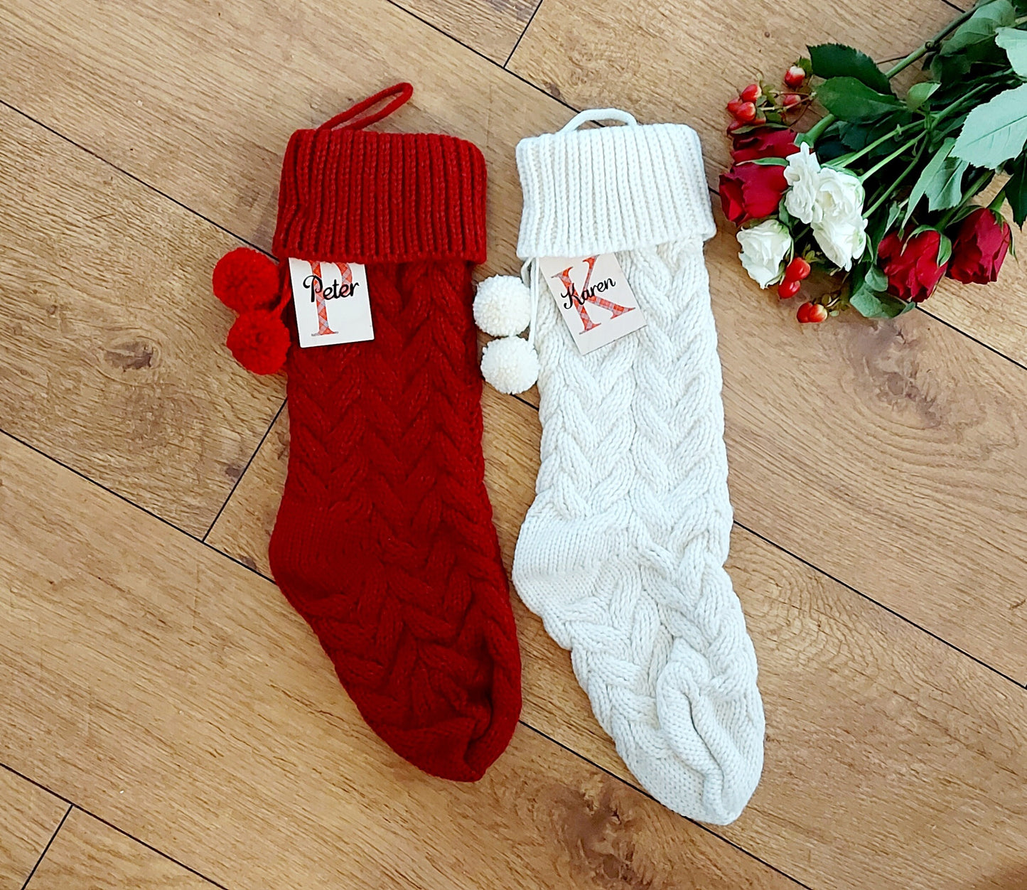 Personalised knitted Christmas stocking, cream knitted stocking, cream Christmas stocking with choice of bow colour