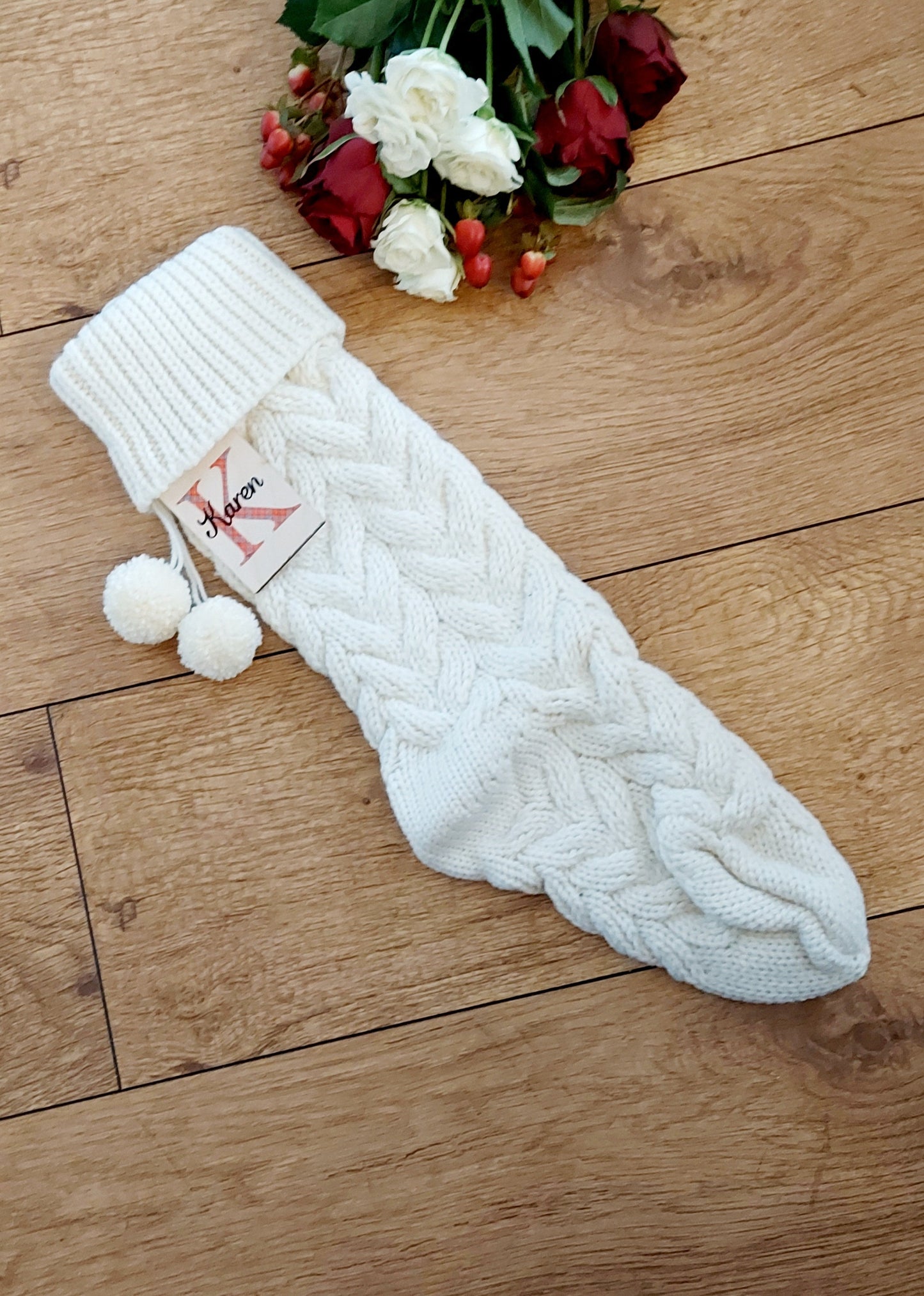 Personalised knitted Christmas stocking, cream knitted stocking, cream Christmas stocking with choice of bow colour