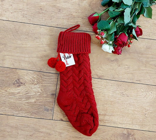 Personalised Christmas stocking, red Christmas stocking, knitted Christmas stocking with pompoms and personalised tag