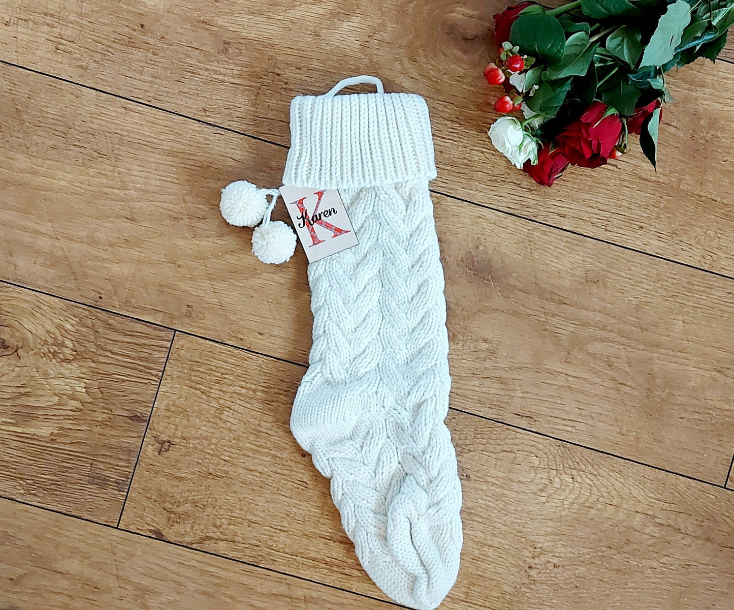 Personalised knitted Christmas stocking, cream knitted stocking, cream Christmas stocking with choice of bow colour