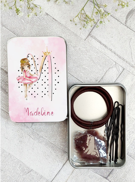 Hair pin tin, hair accessory kit, hair bun in a tin, dance hair accessories, classical bun, baby ballerina