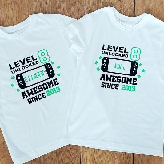 Boy's personalised gamer birthday t-shirt, Level unlocked, Switch style controller design, boy's birthday tshirt