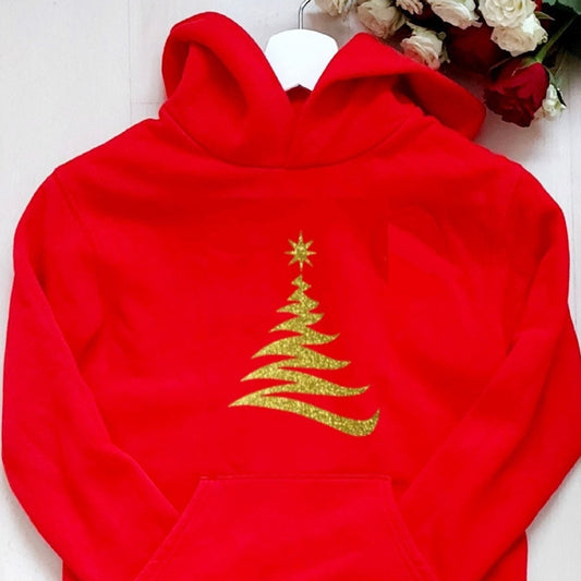 Adults Red Christmas tree hoodie, Child's red Christmas hoodie, unisex