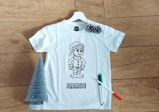 Personalised colour your own Christmas t-shirt, colourable elf t-shirt, colouring top