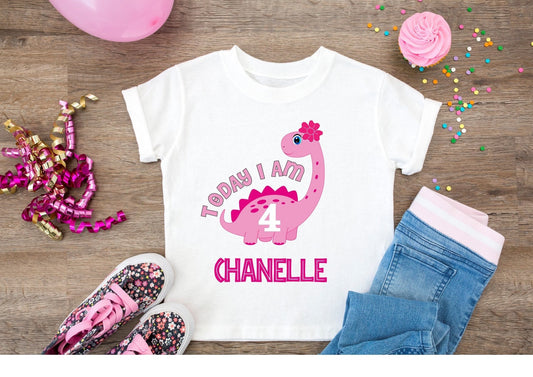 Personalised Girl's Birthday T-Shirt - Pink Dinosaur birthday top