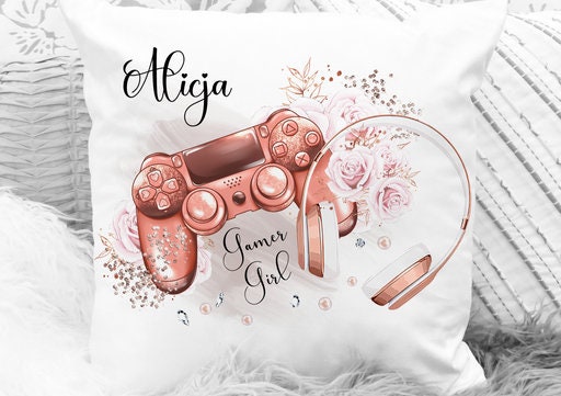 Personalised Gamer Cushion, gaming cushion, gift for her, girl gamer, rose gold gaming cushion