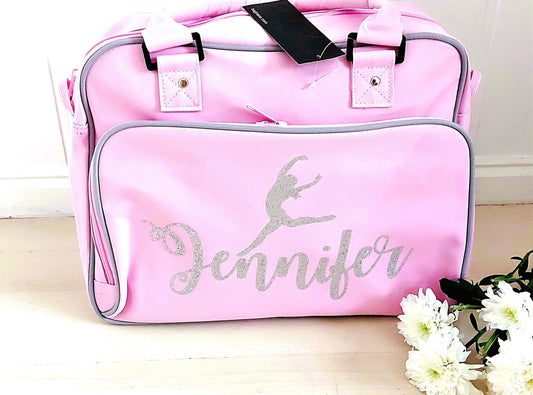 Personalised dance/ballet bag - soft pink with silver-grey trim