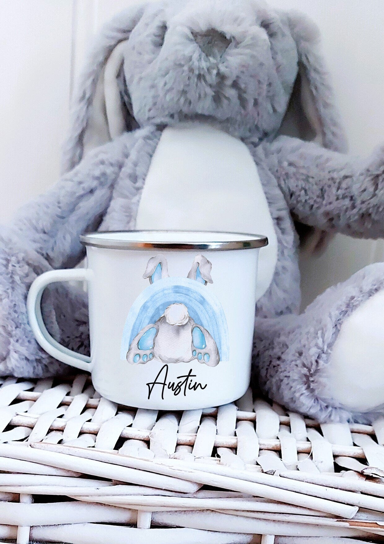 Personalised Easter mug, blue Easter bunny, boys Easter gift, boy's Easter mug