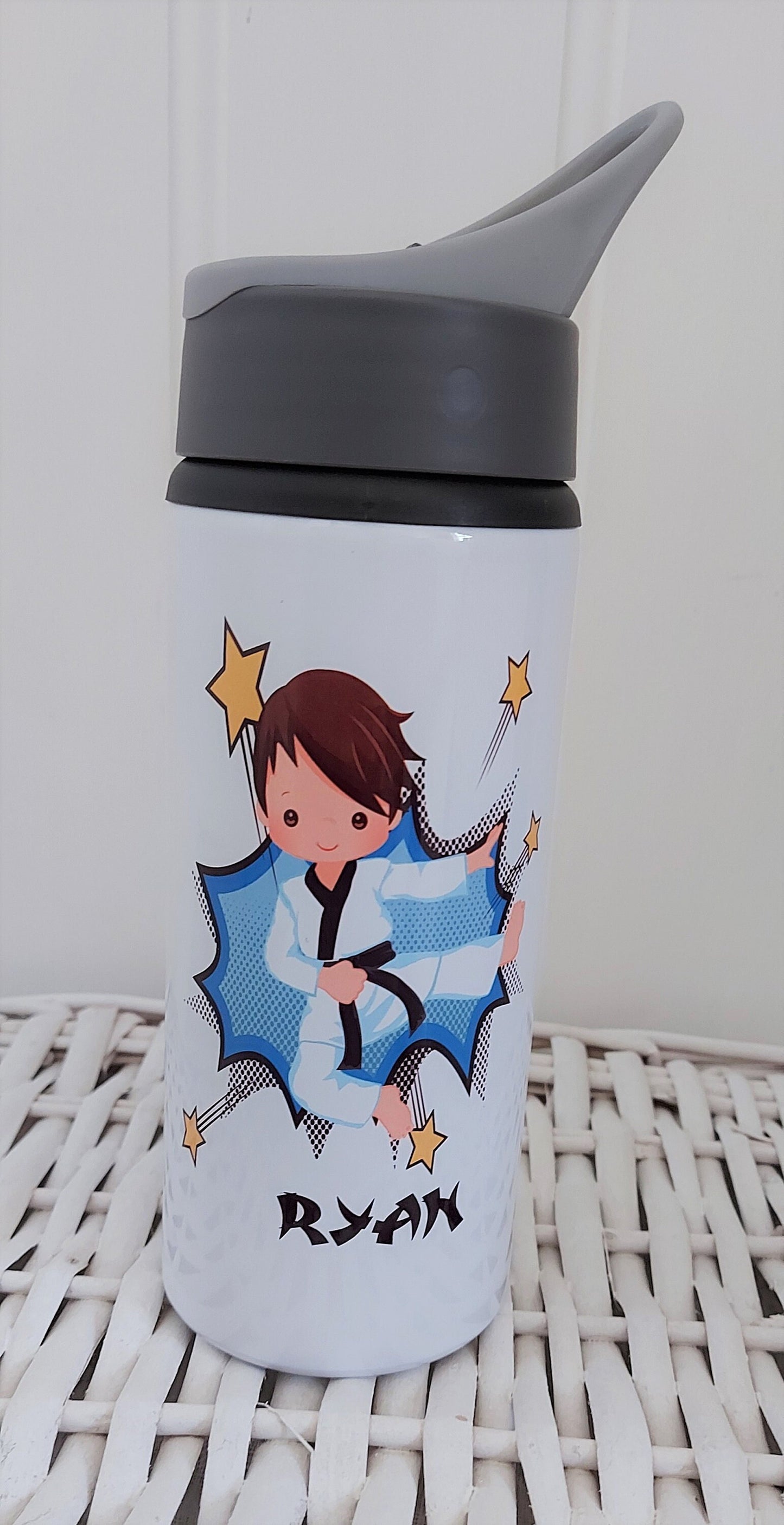 Personalised boys cartoon Karate water bottle
