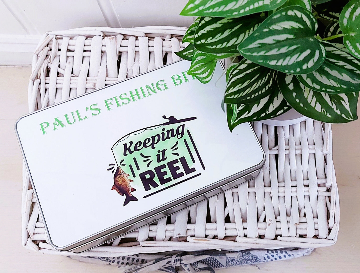 Personalised fishing bits tin, fishing storage tin, tackle tin, keeping it reel, fishing tin