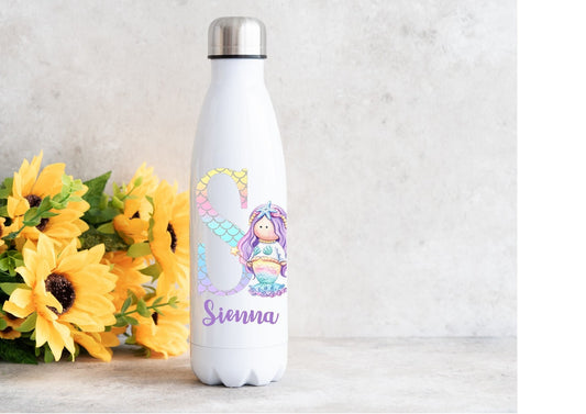 Personalised mermaid water bottle, gift for a girl, bowling bottle, 500ml water bottle